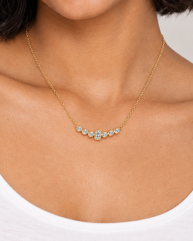 Baguette Station Necklace, close worn view