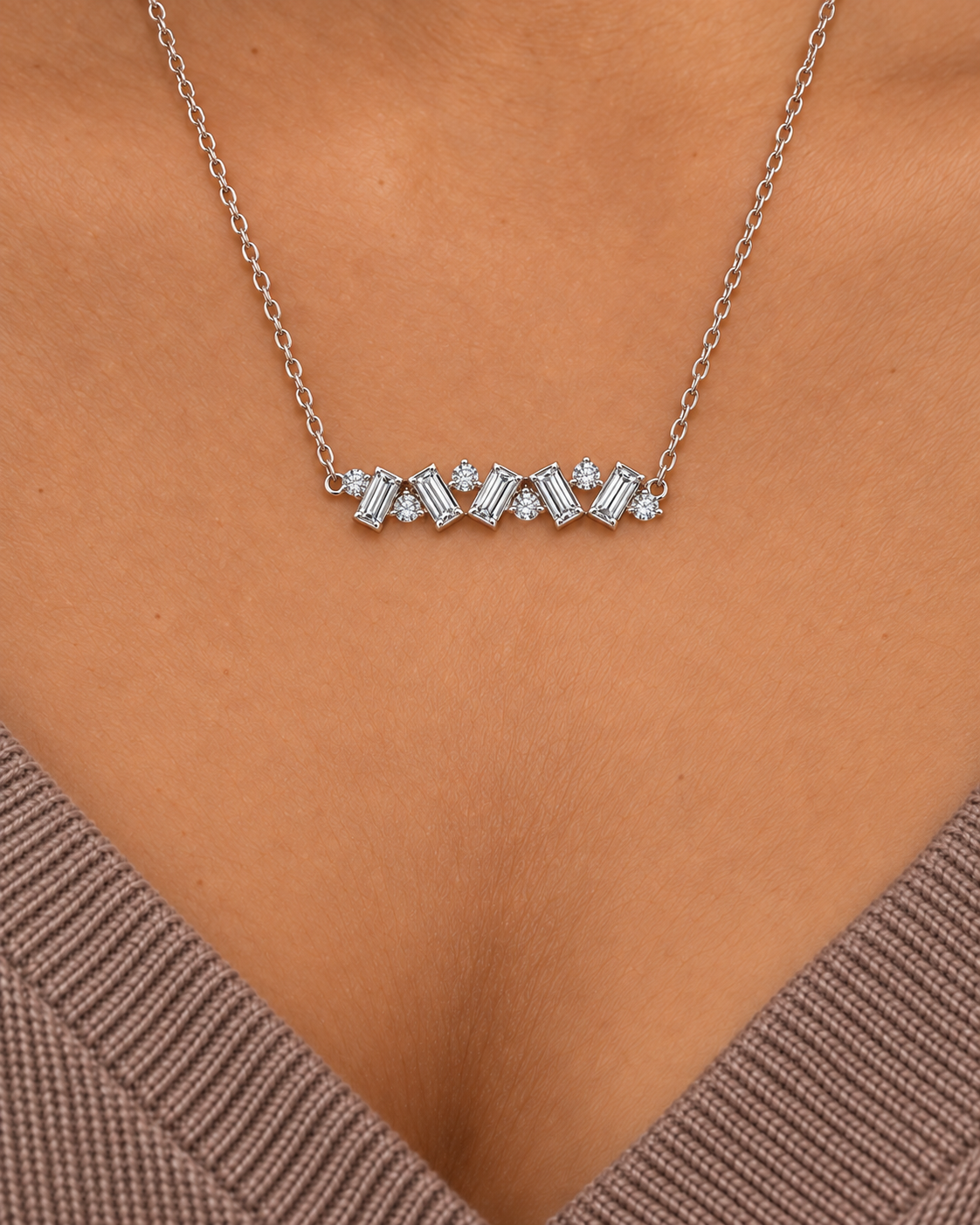 Baguette Zigzag Necklace, close worn view