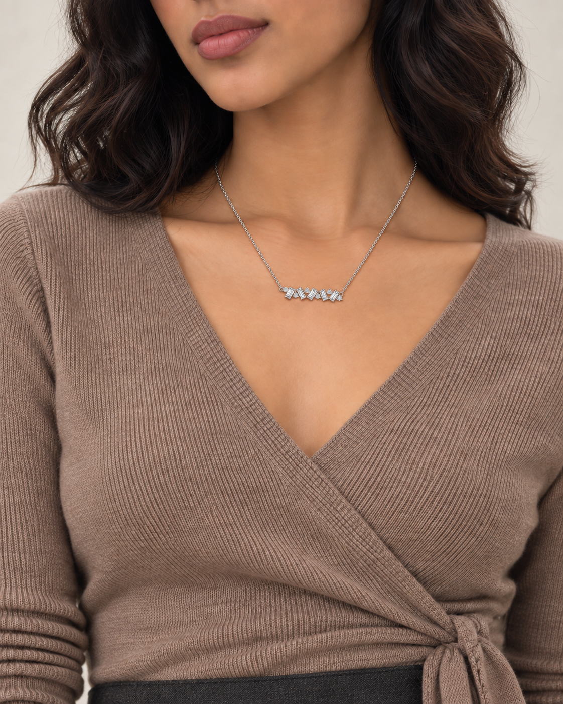 Baguette Zigzag Necklace, farther worn view