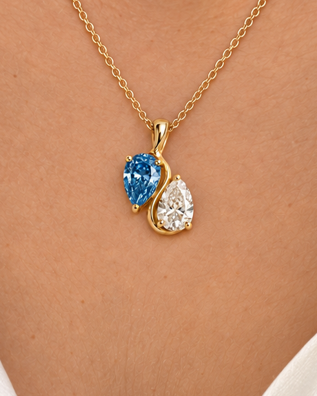 Blue Pear Necklace — close worn studio photograph