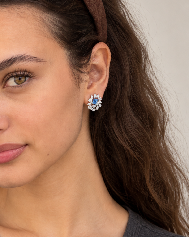 Blue Square Cluster Studs, farther worn view