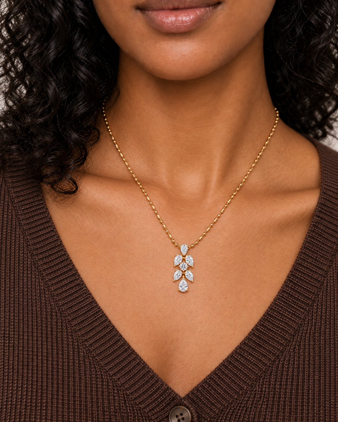 Bow Leaf Necklace — farther worn studio photograph