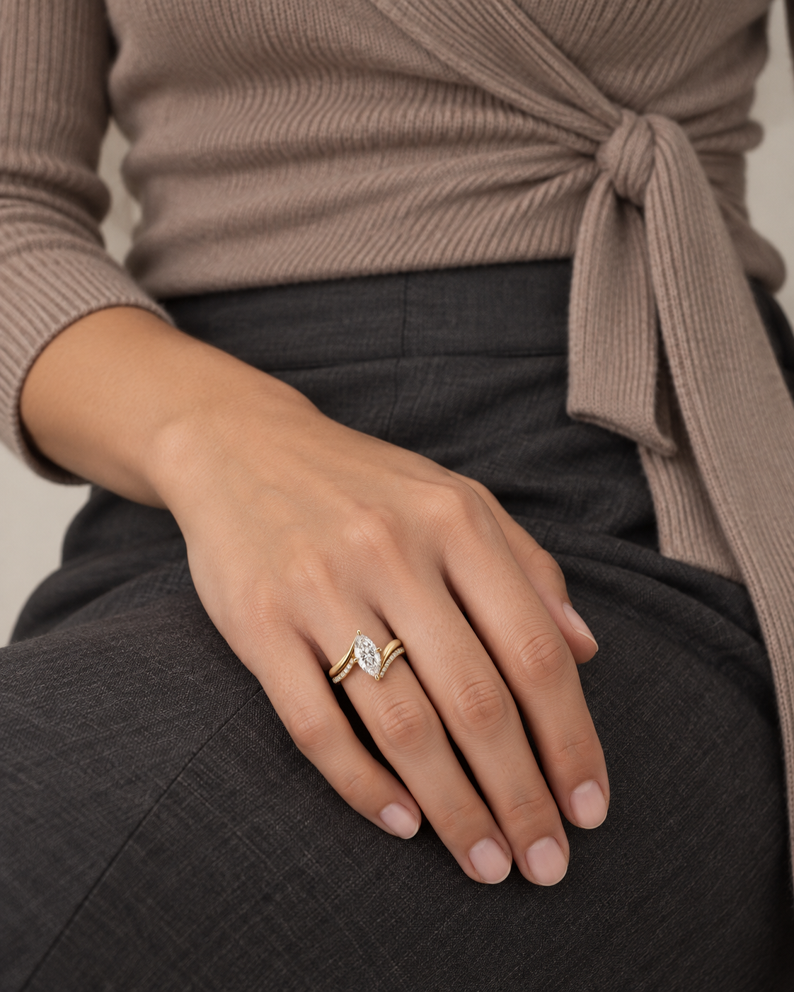 Chevron Marquise Ring, farther worn view