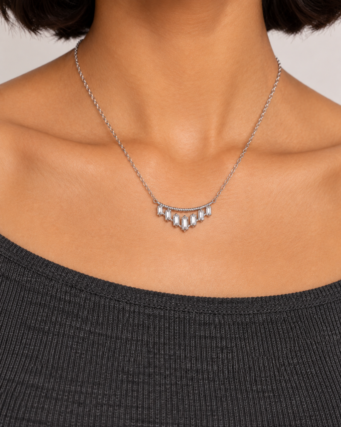 Curved Baguette Necklace, farther worn view