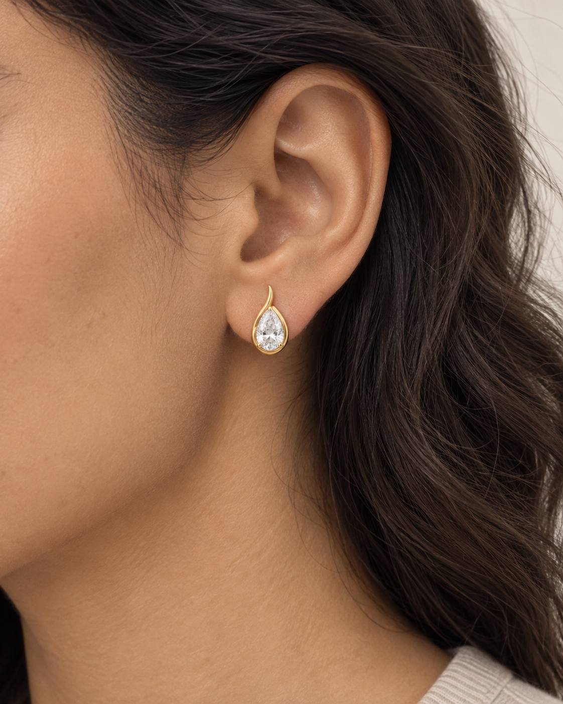 Curved Pear Studs, farther worn view
