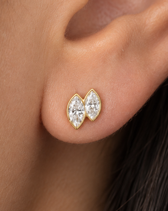 Double Marquise Studs, close worn view