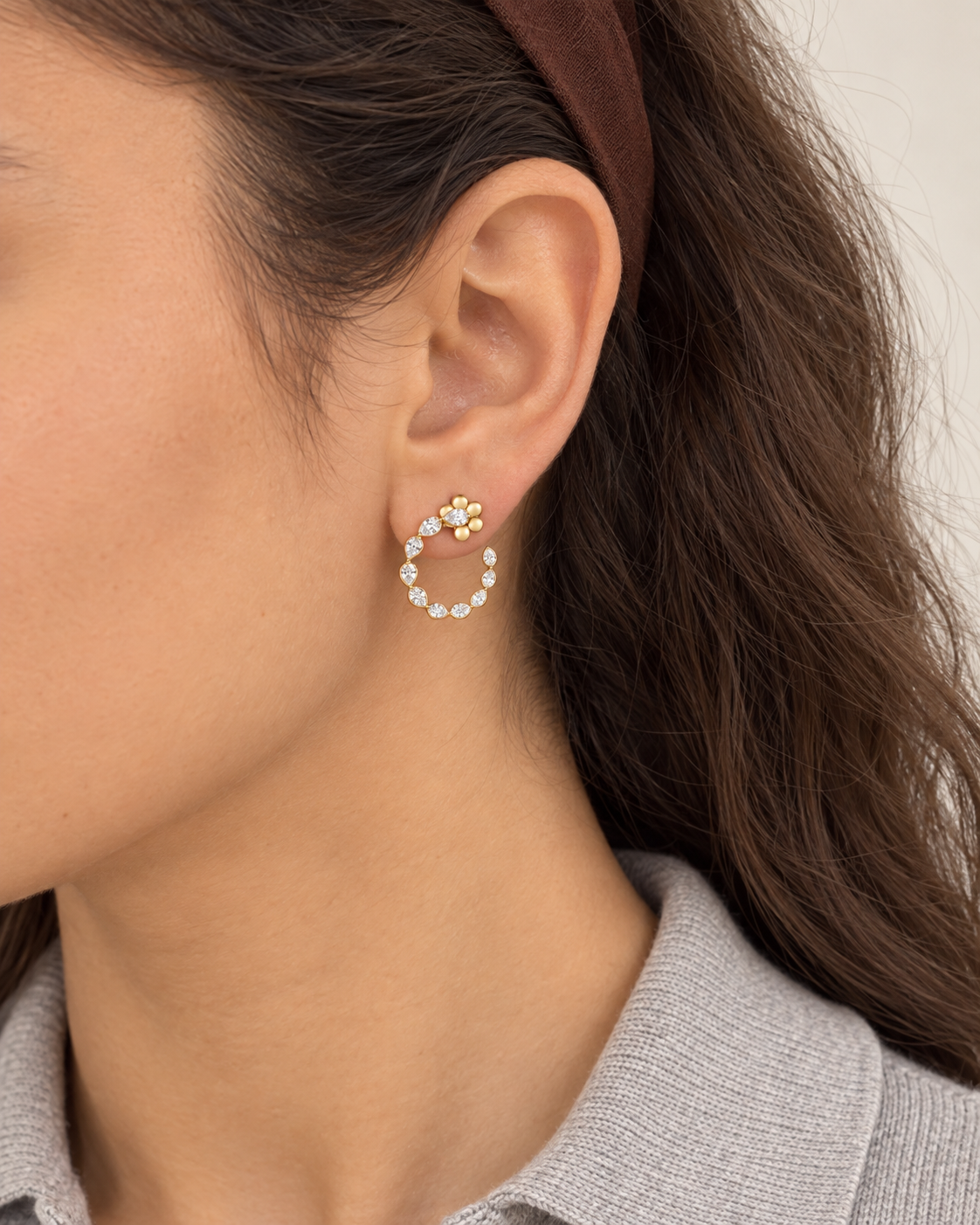 Floral Marquise Hoops, farther worn view