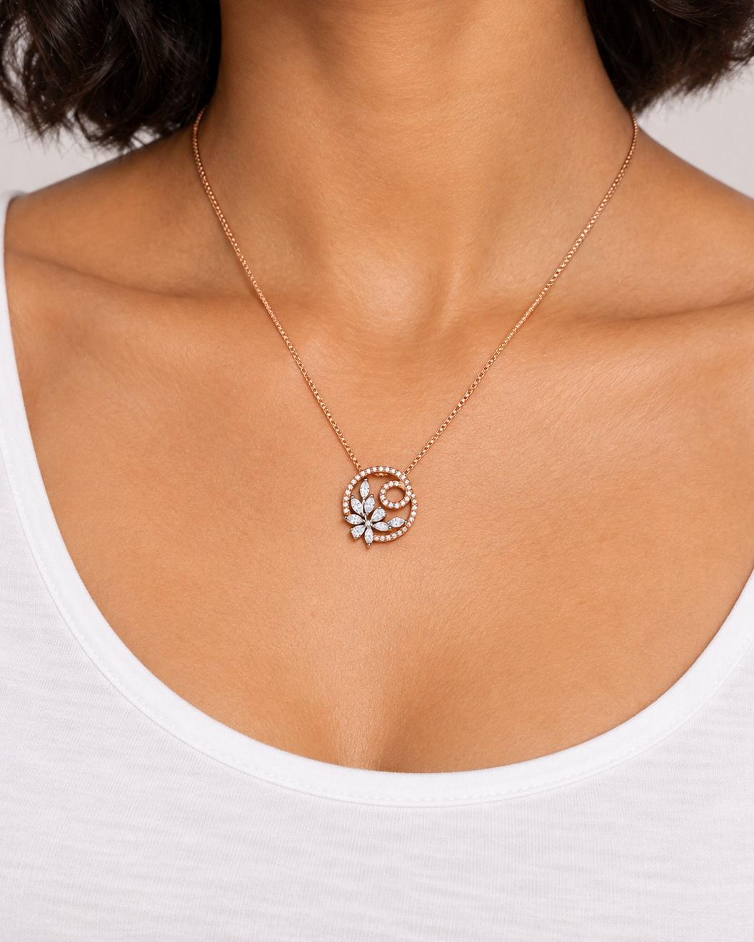 Floral Spiral Necklace, farther worn view