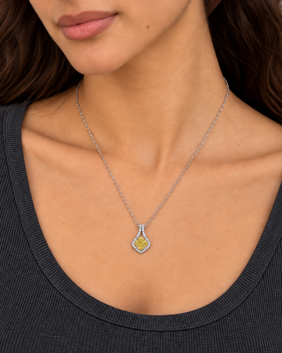 Framed Cushion Necklace, farther worn view