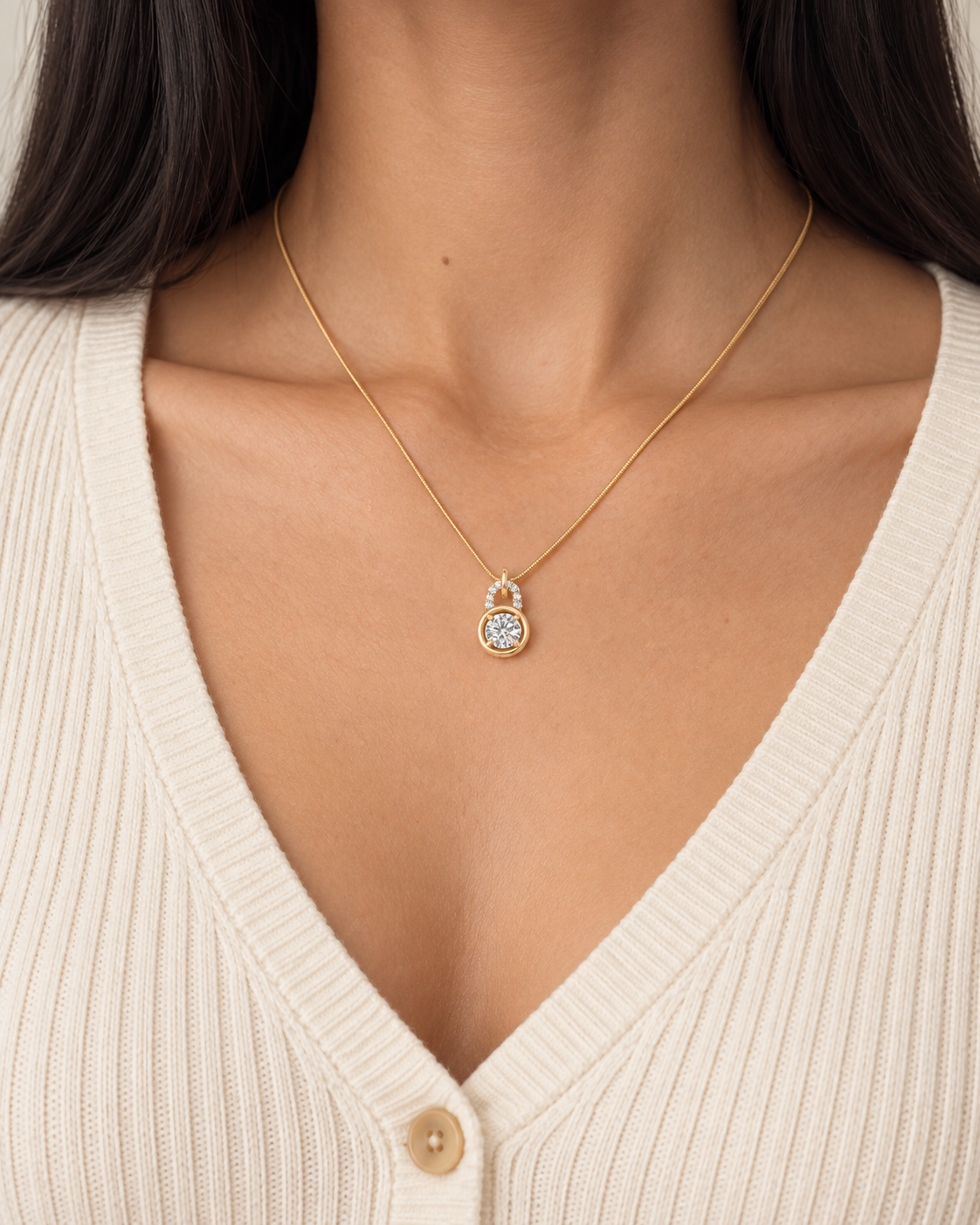 Framed Solitaire Necklace, farther worn view