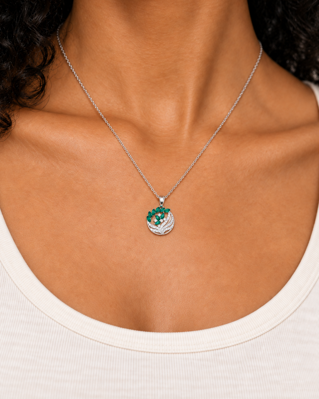 Green Medallion Necklace, farther worn view