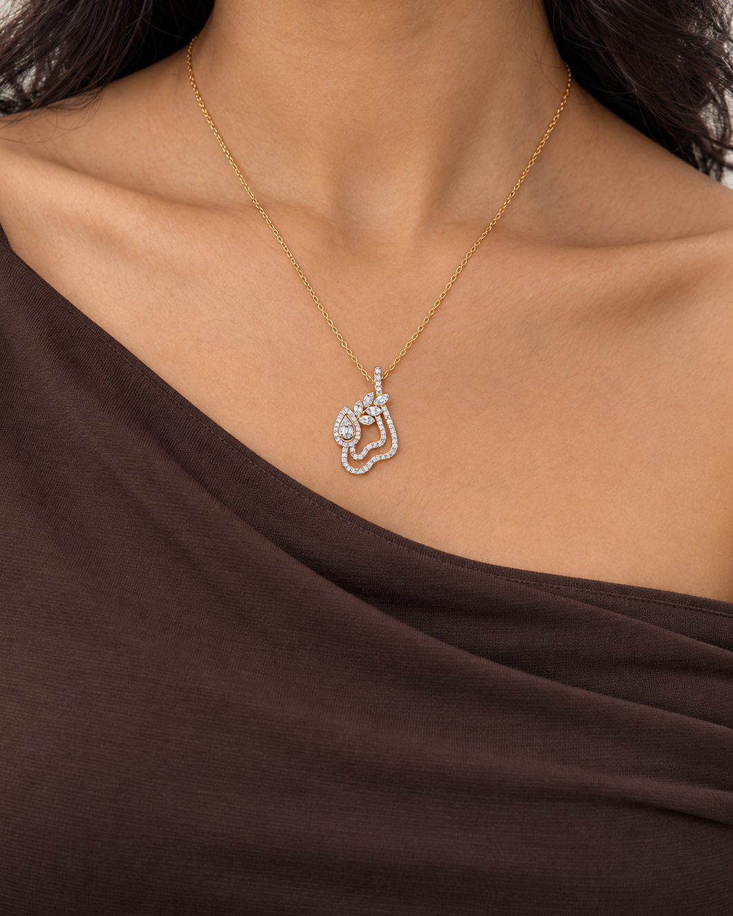 Layered Leaf Necklace, farther worn view