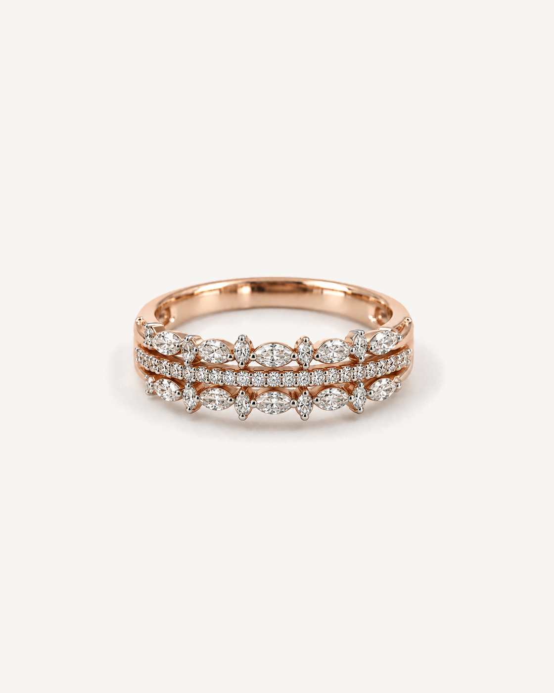 Leaf Stack Ring in rose gold with mirrored marquise leaf rows around a central diamond line