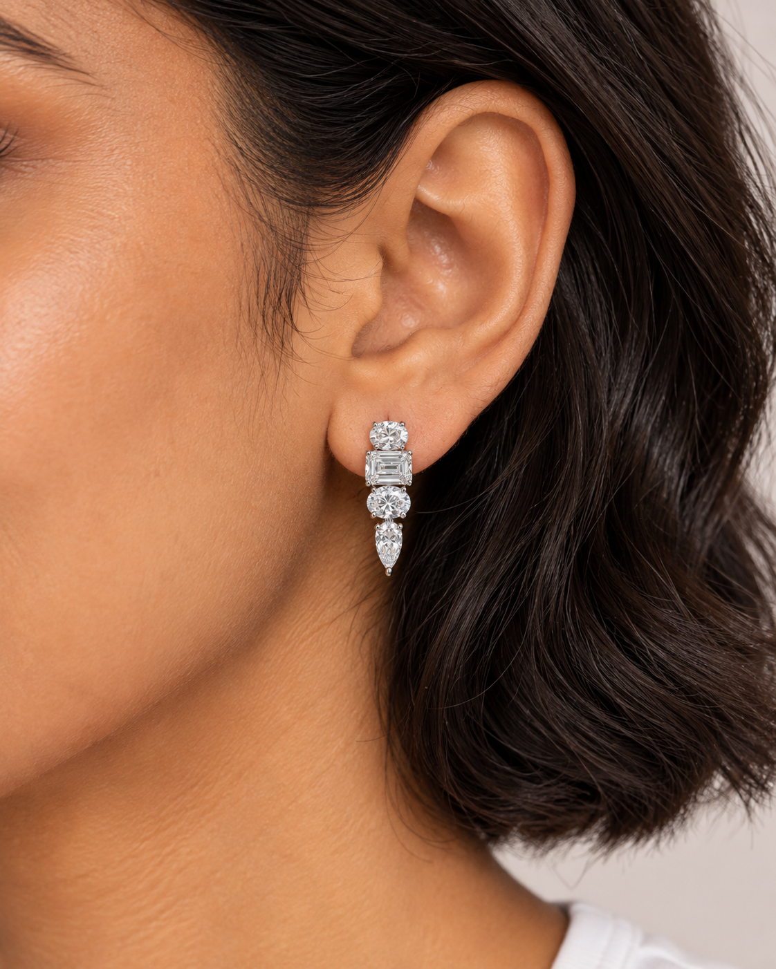 Mixed-Cut Drop Earrings, close worn view