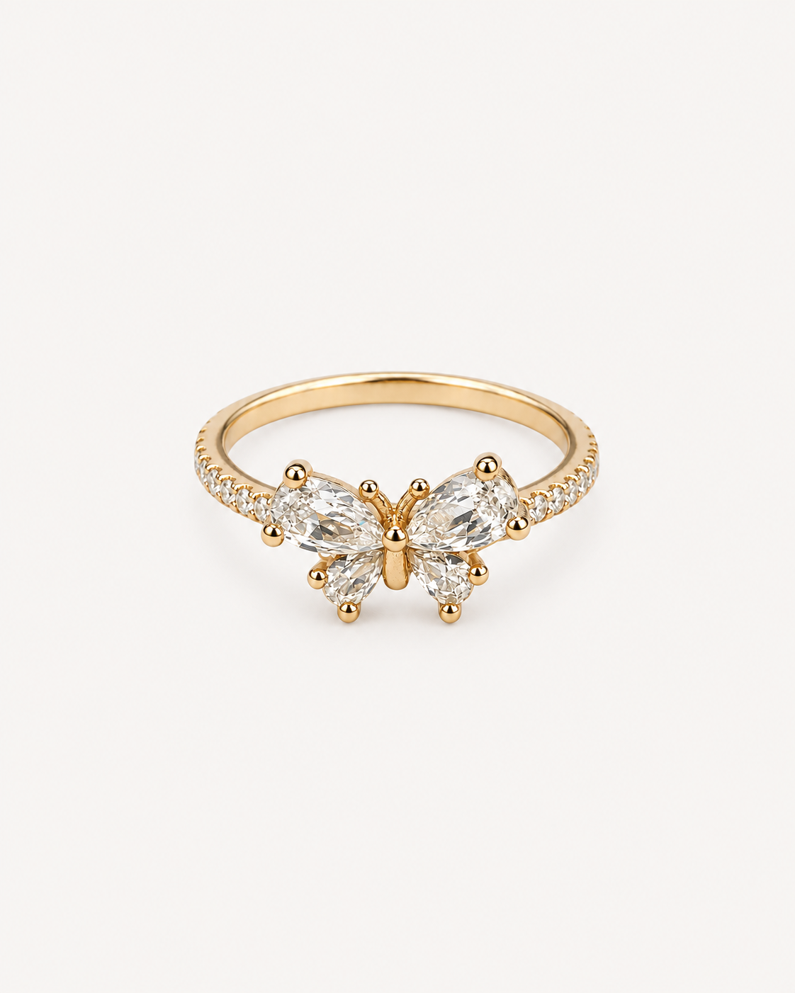 Nocturne Cluster Ring - yellow gold. Four pear-shaped butterfly wings and pavé shoulders.