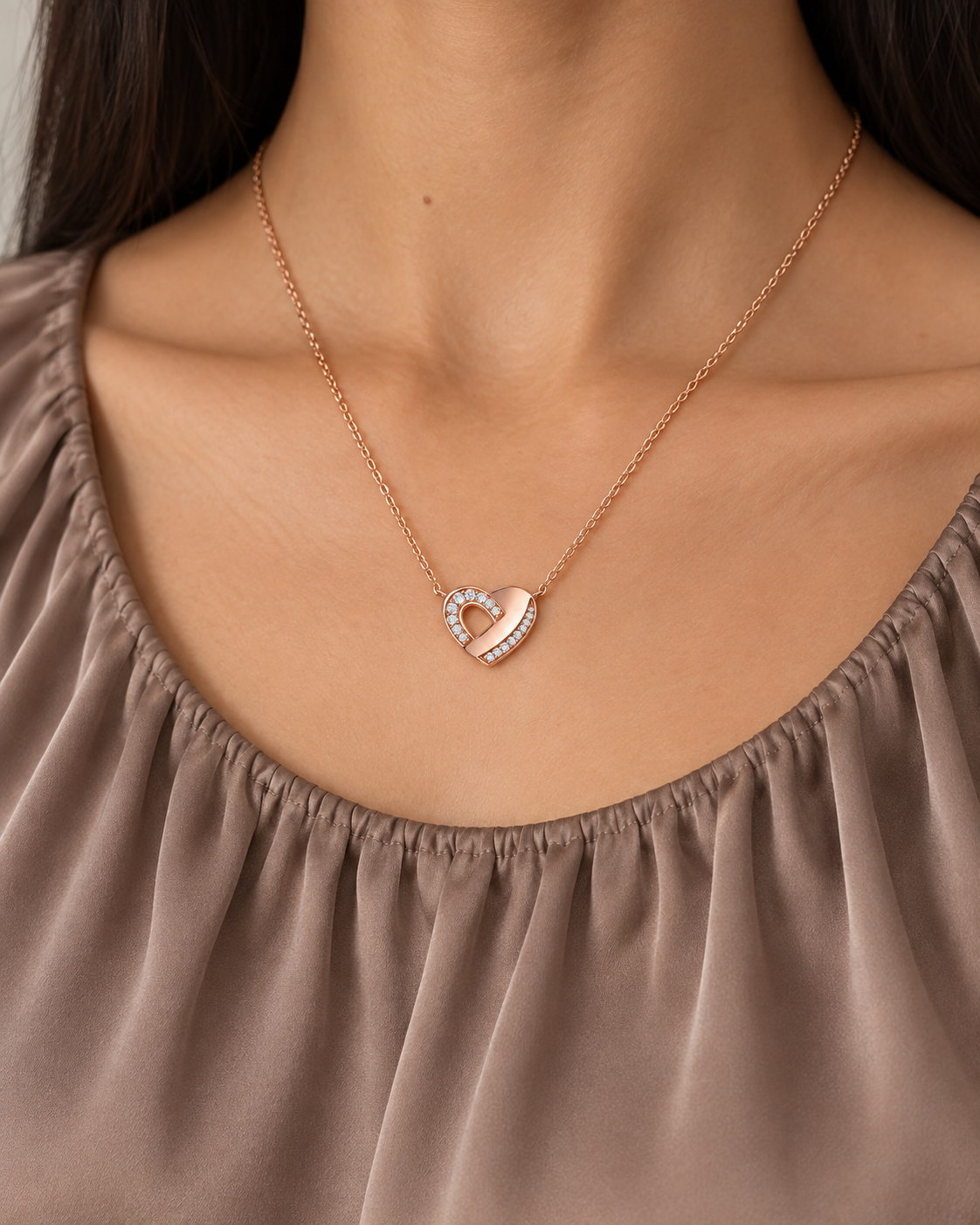 Offset Heart Necklace, farther worn view
