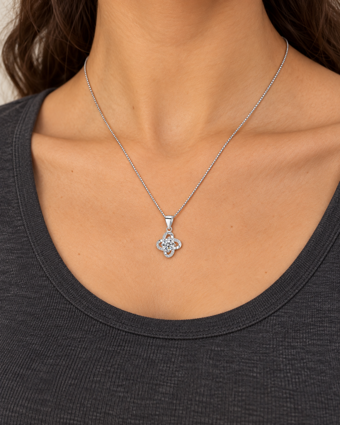 Open Clover Necklace, farther worn view