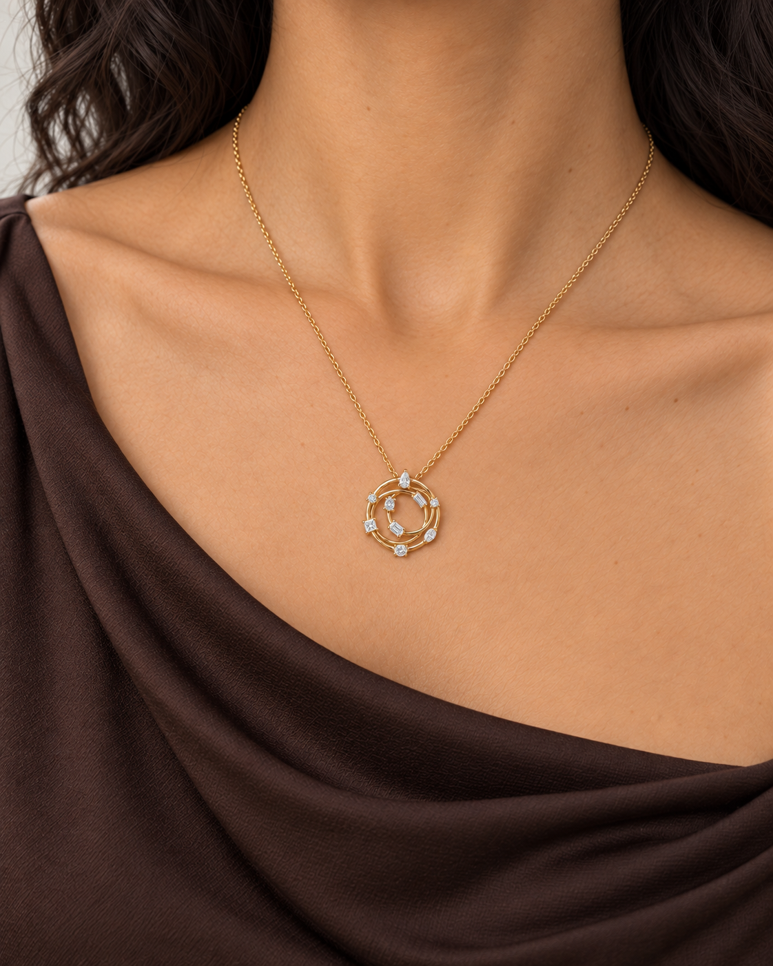 Orbit Cluster Necklace, farther worn view