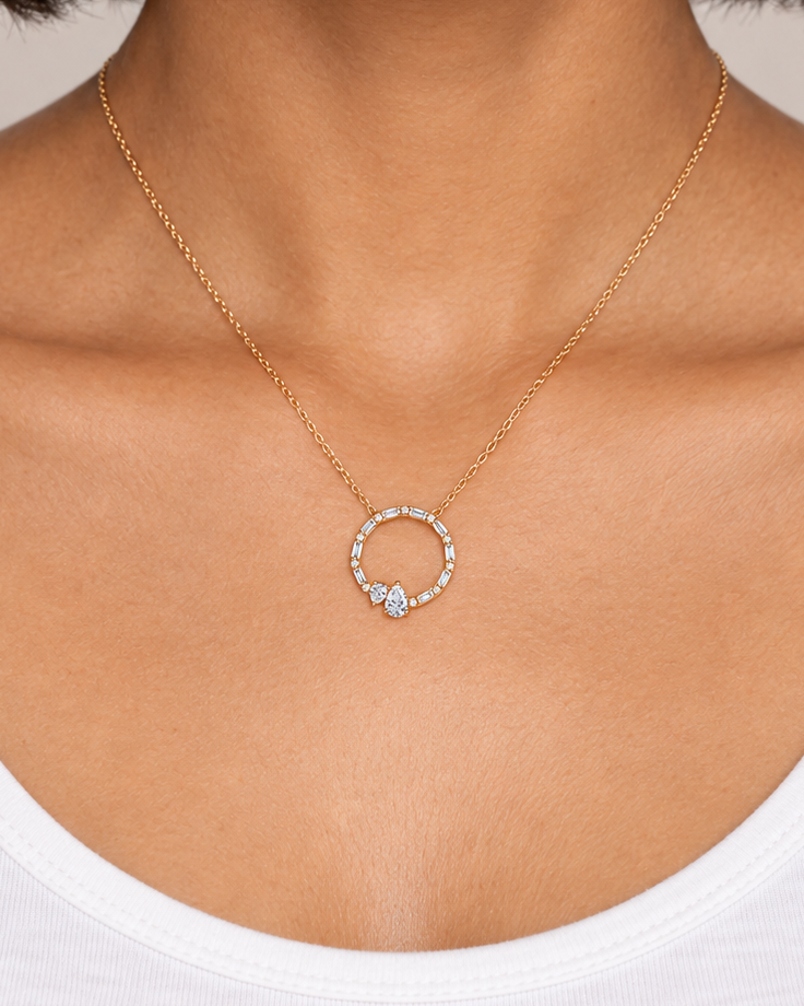 Pear-Accent Circle Necklace — farther worn studio photograph