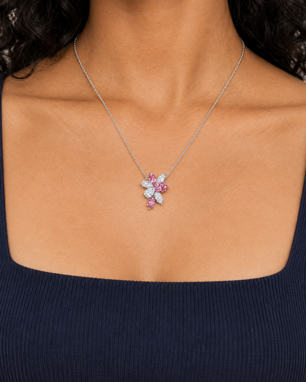 Pink Floral Necklace, farther worn view