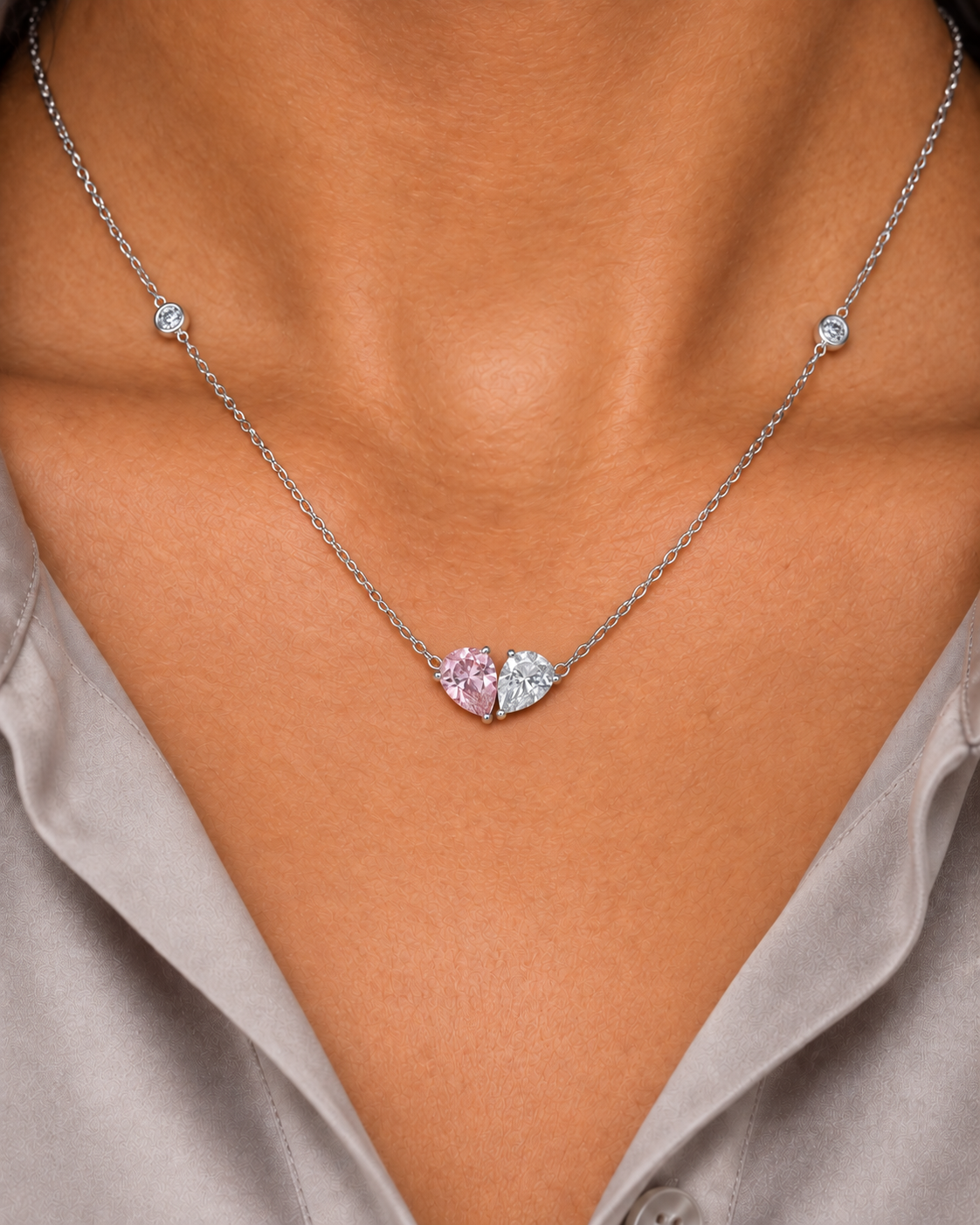 Pink Station Necklace, close worn view