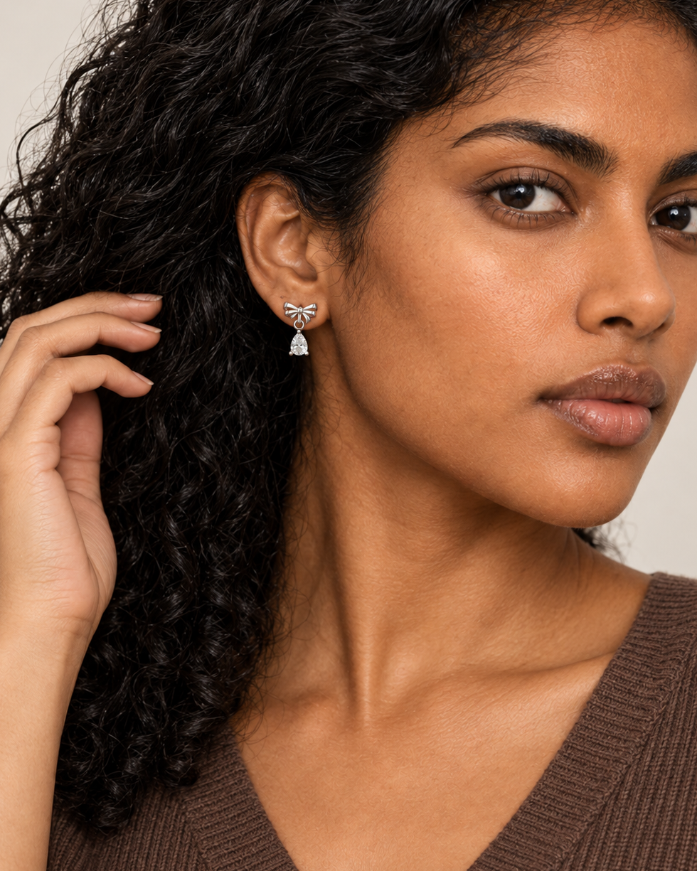 Bow Pear Drop Earrings — Farther worn
