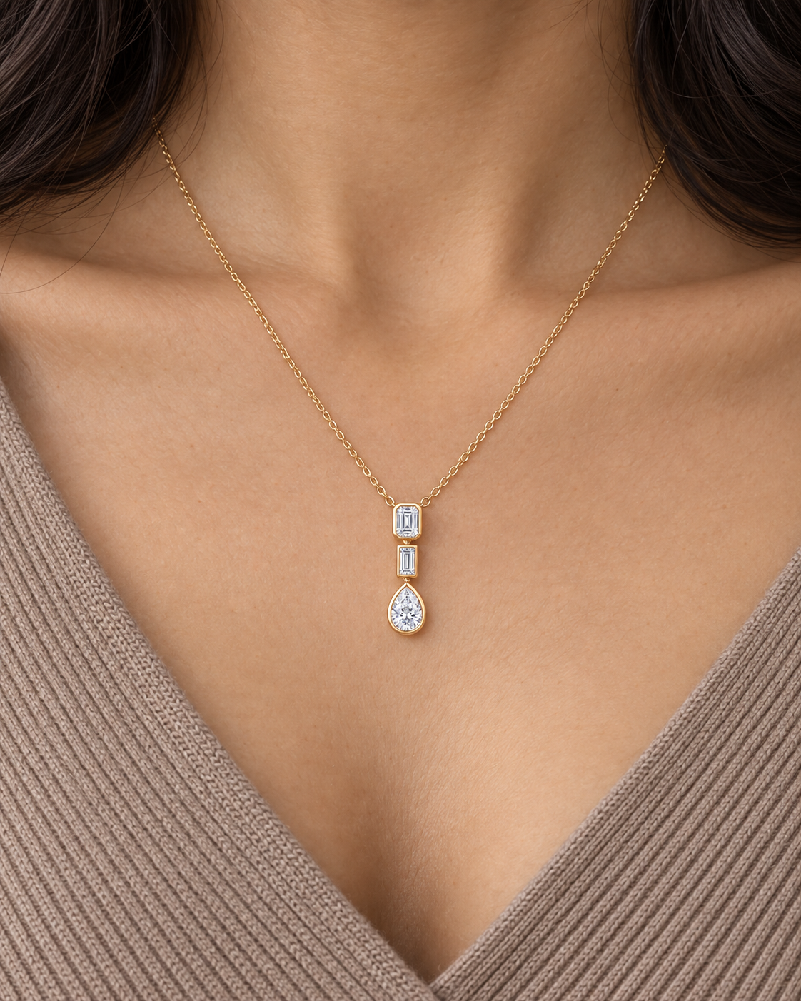 Baguette Pear Necklace — Close worn