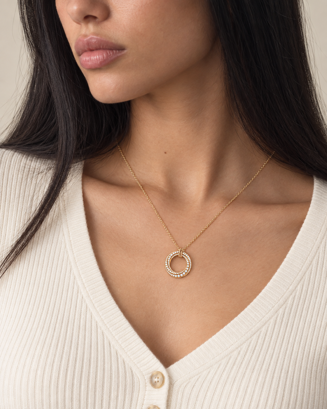Double Halo Necklace — Close worn