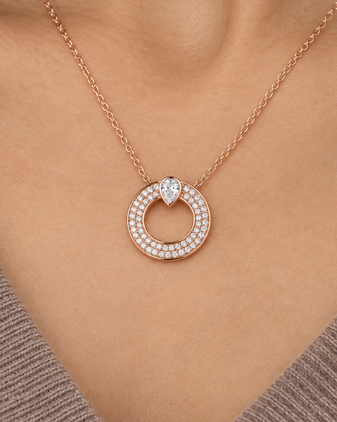 Pear-Top Circle Necklace — Close worn