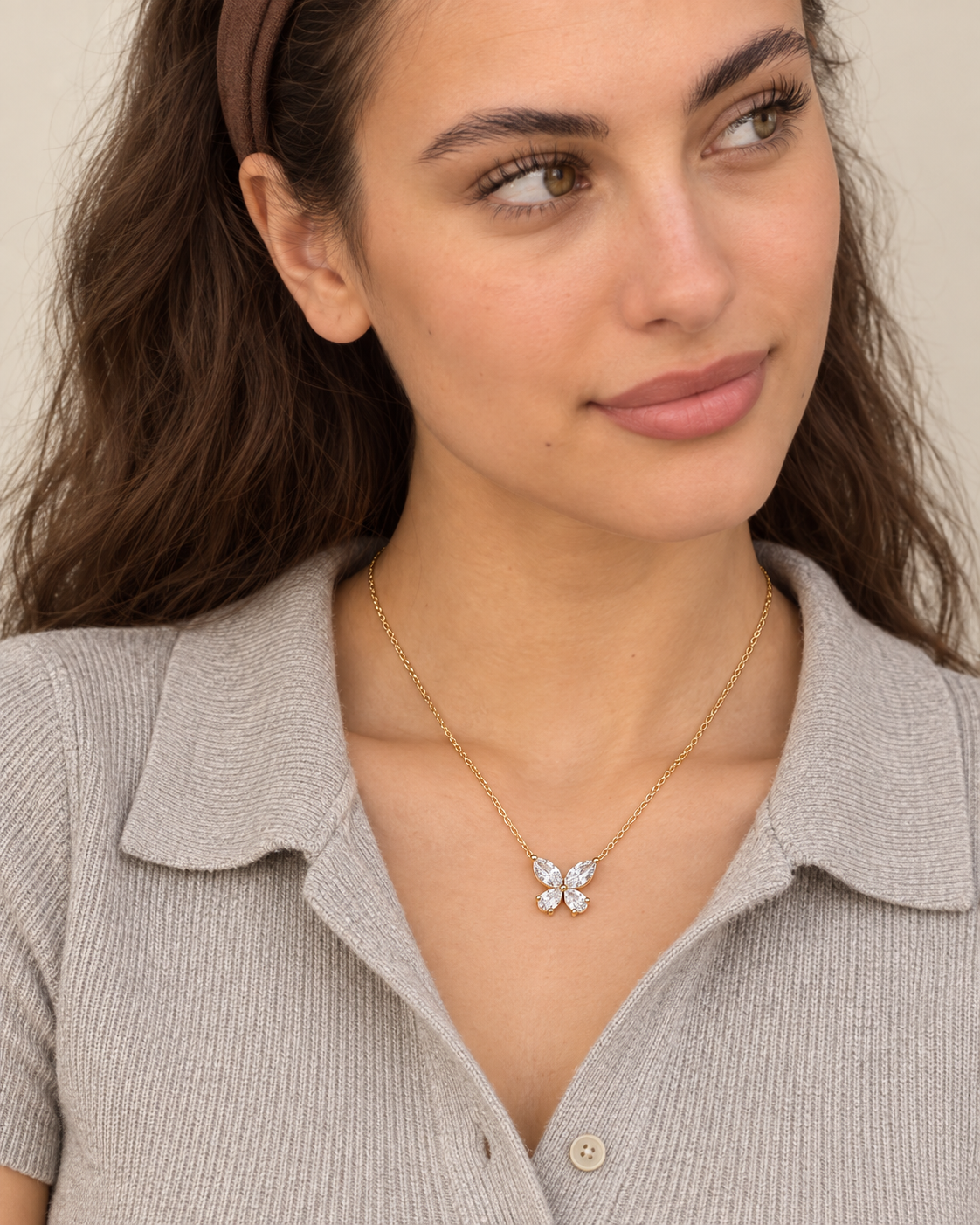 Two-Tone Butterfly Necklace — Close worn