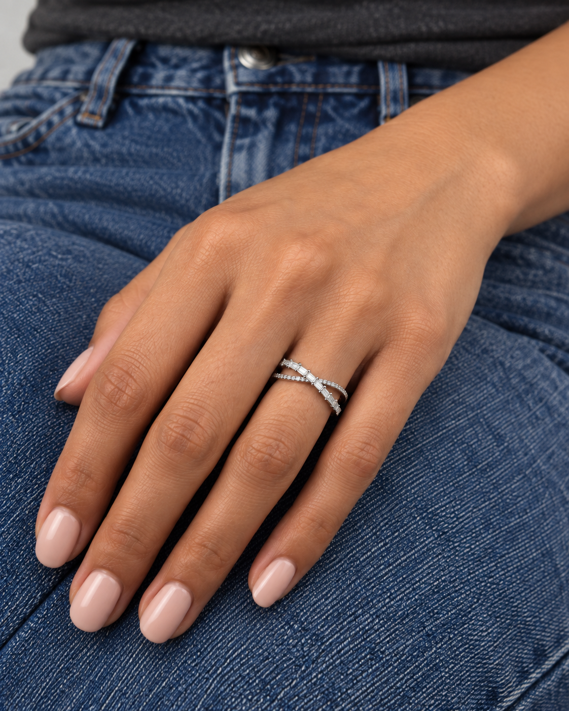 Baguette Crossover Ring — Close hand
