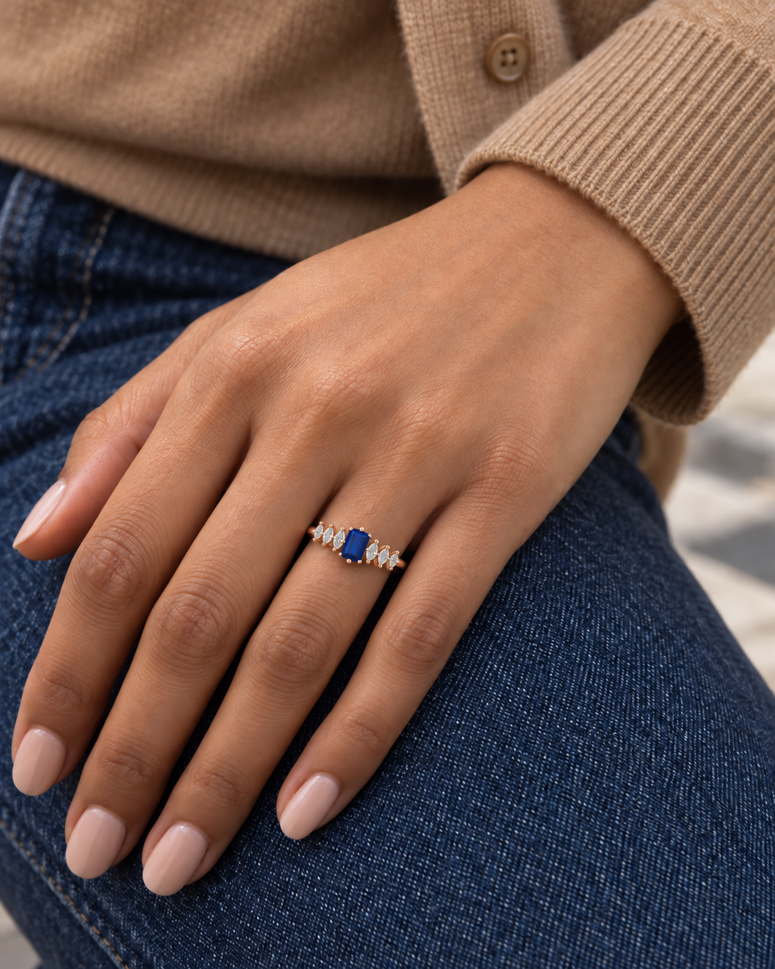 Blue Step-Cut Ring - Close hand