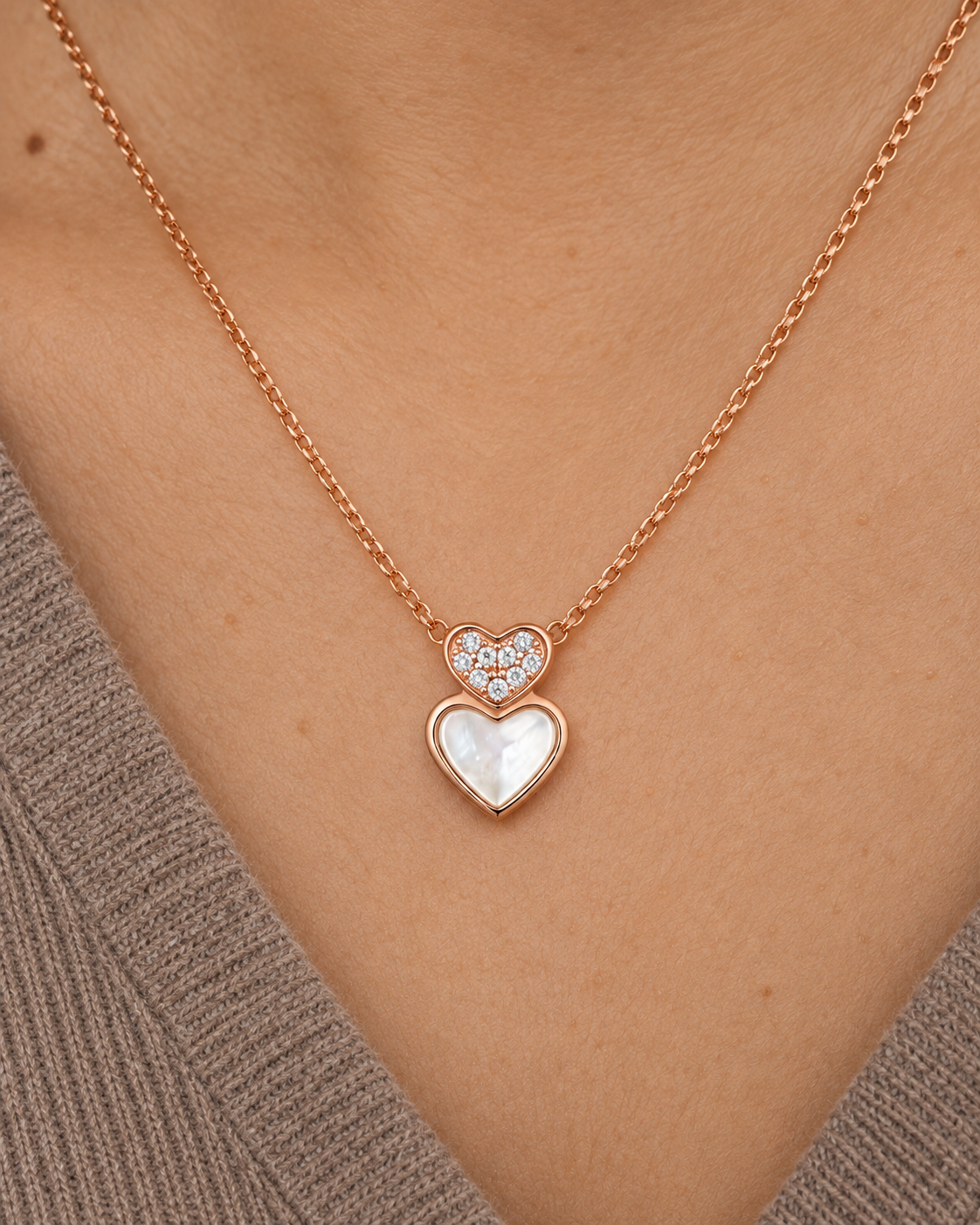 Double Heart Necklace - Close worn