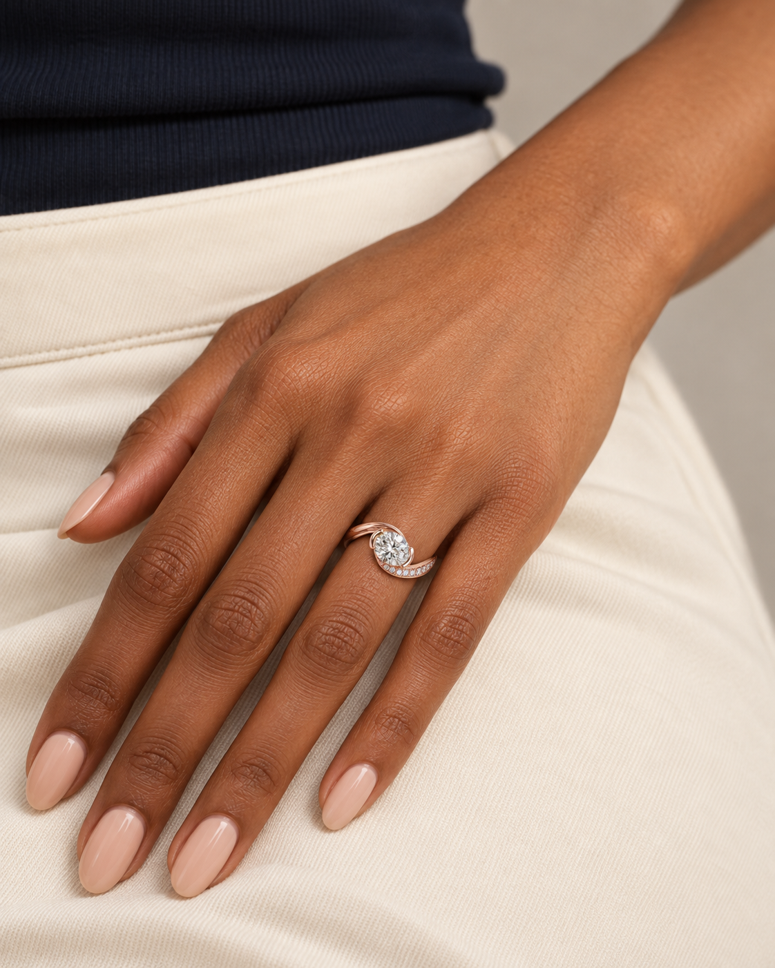 Swirl Solitaire Ring - Farther worn