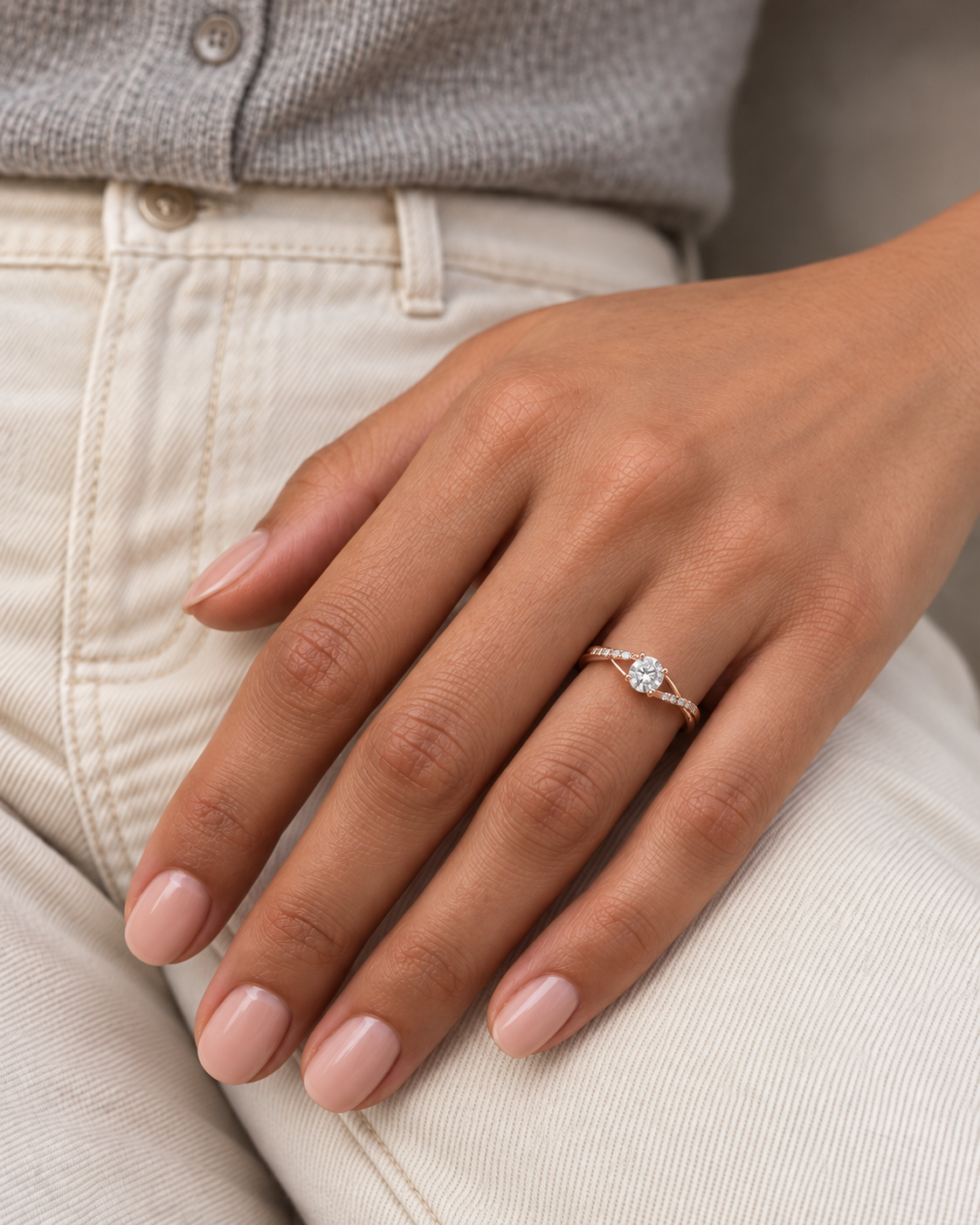 Curved Solitaire Ring — Close hand