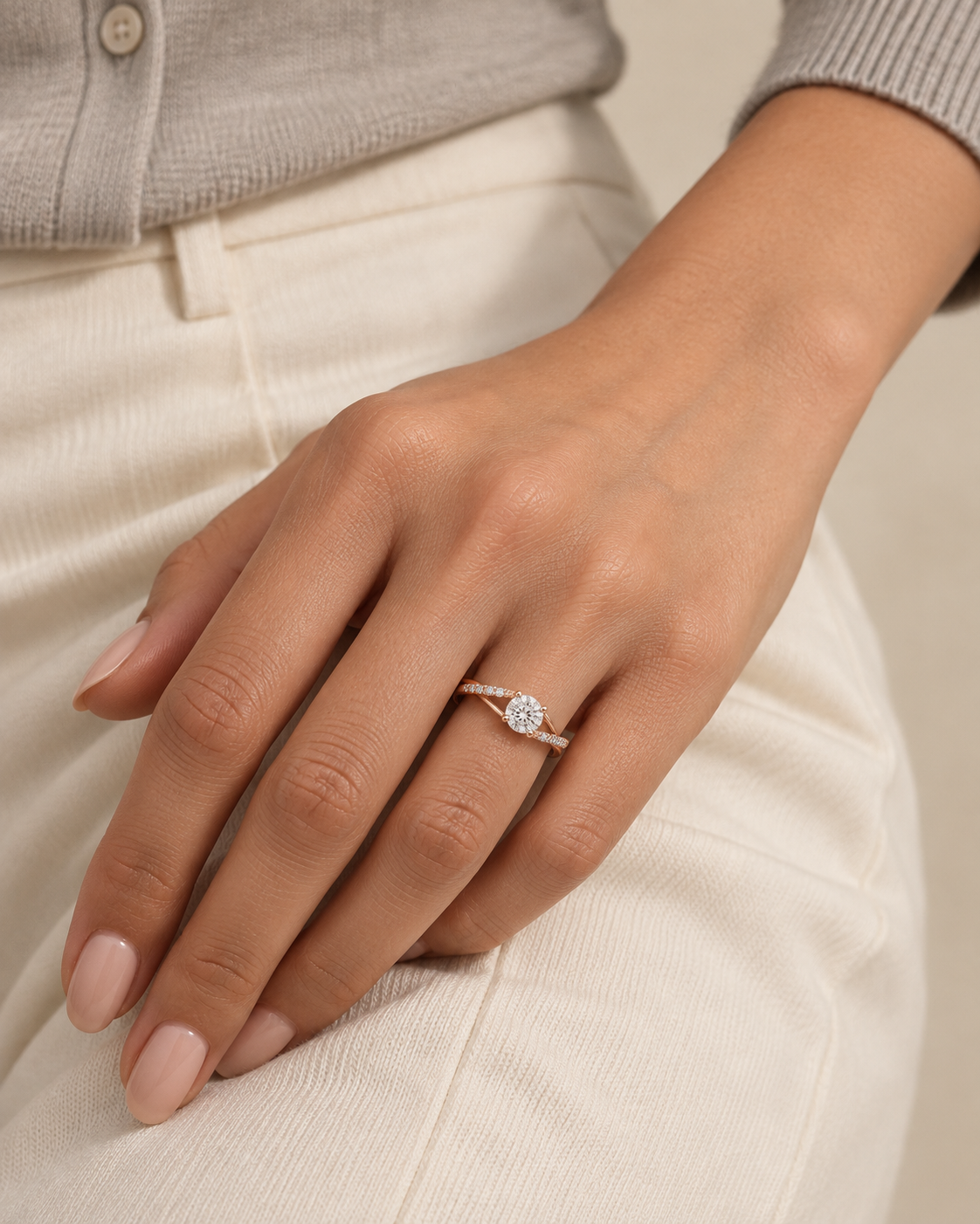 Curved Solitaire Ring — Farther worn