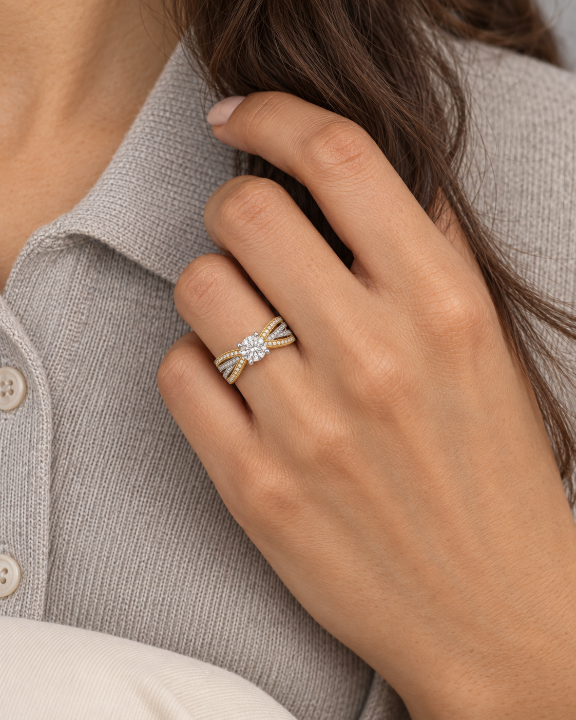 Ribbon Solitaire Ring — Farther worn