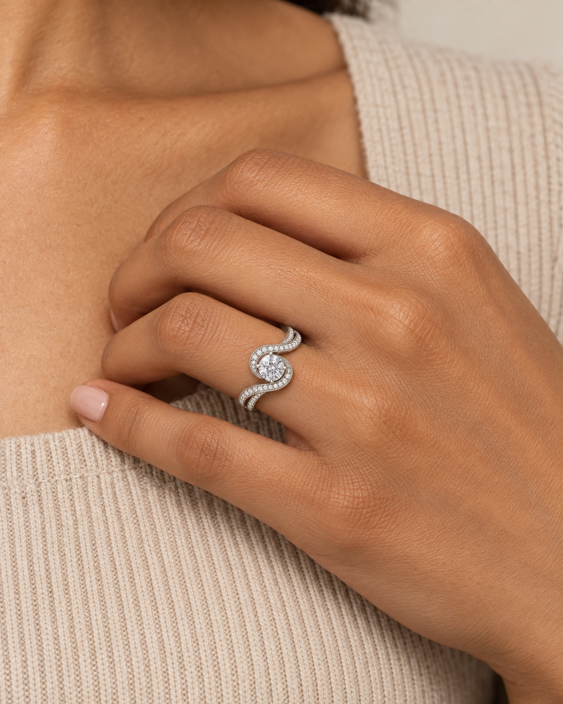 Spiral Solitaire Ring — Farther worn