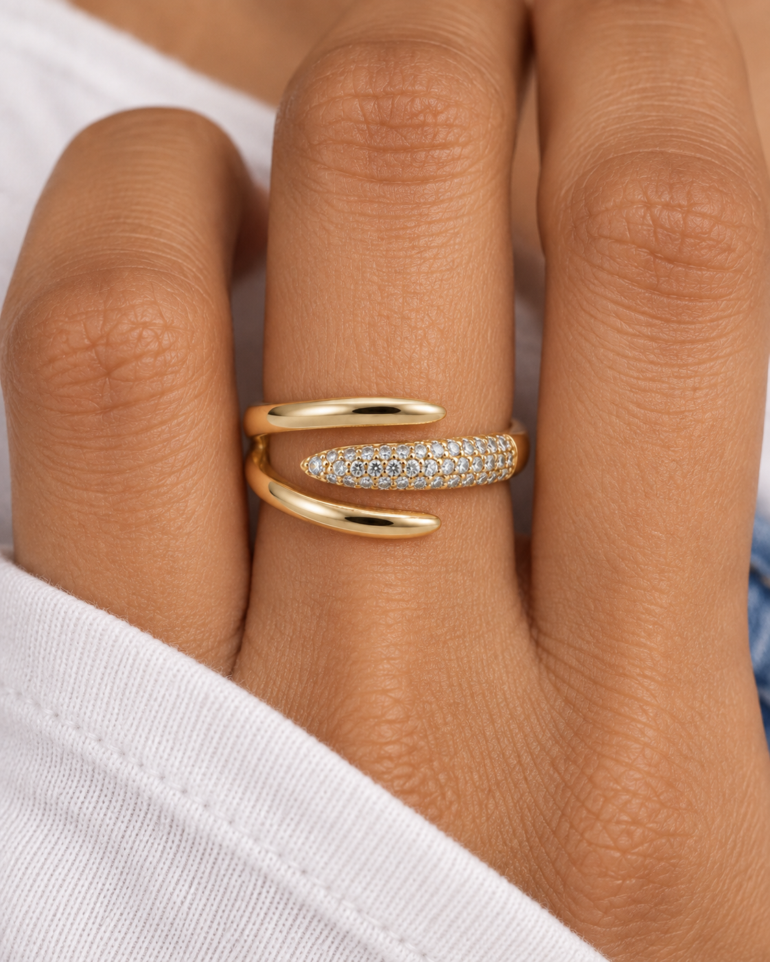 White Wrap Ring — Close hand