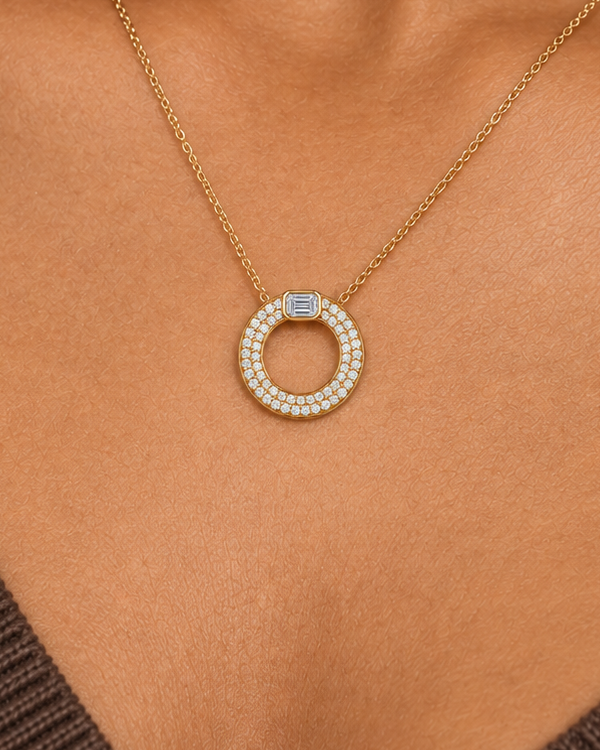 Baguette-Cap Circle Necklace — Close worn