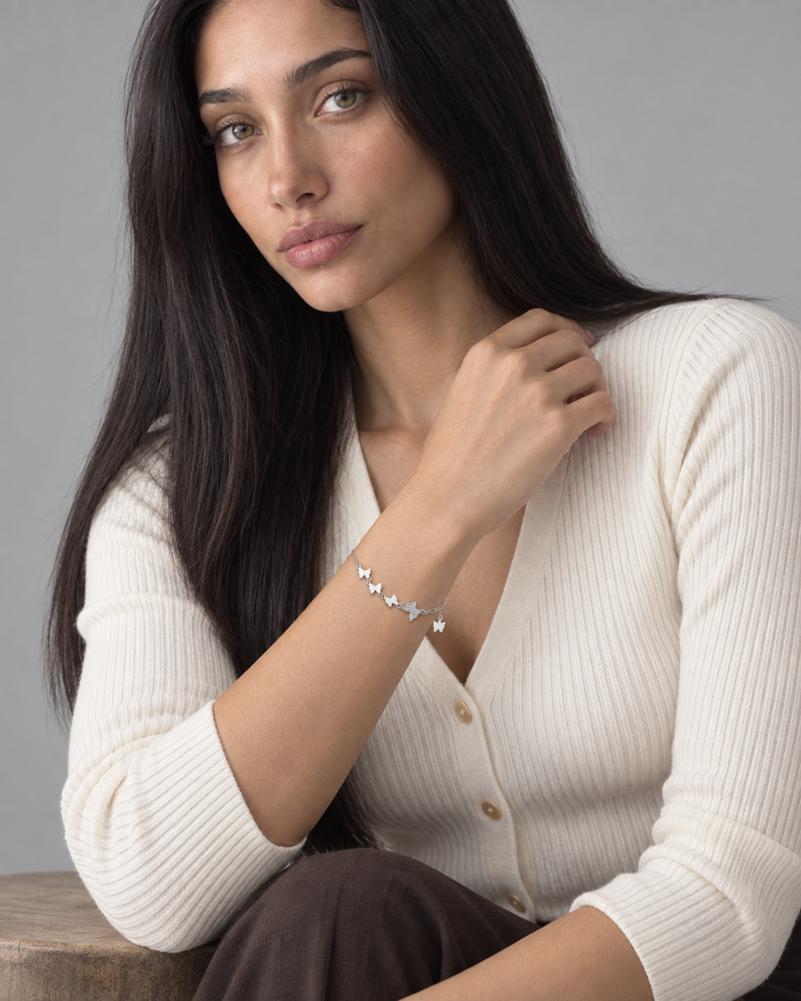 Butterfly Link Bracelet — worn studio view