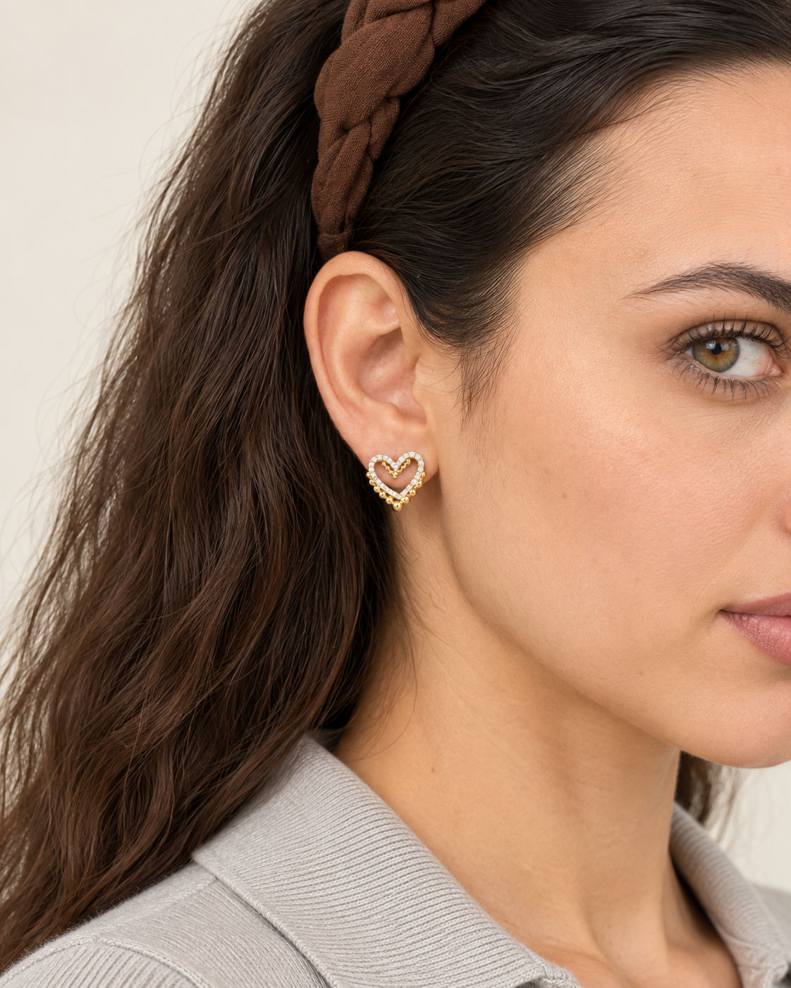 Beaded Heart Studs — worn close view