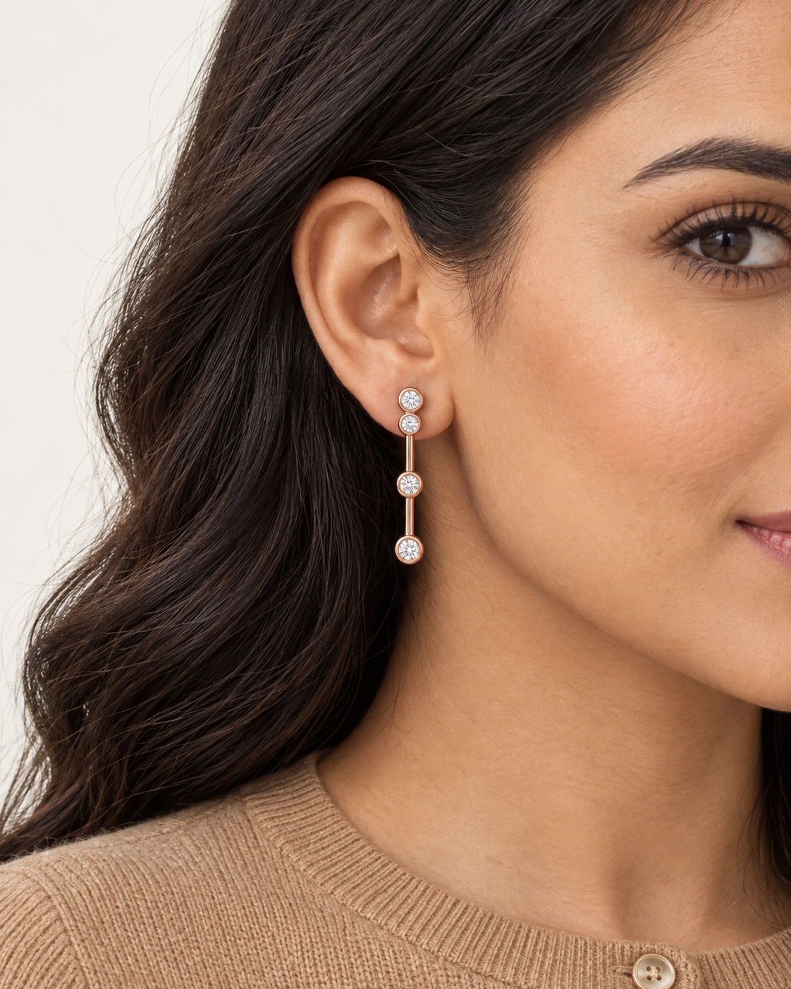 Bezel Bar Drop Earrings — worn close view