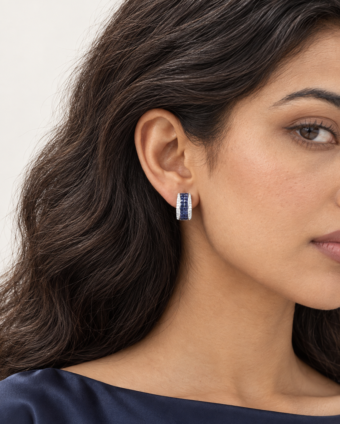 Blue Grid Hoops — worn close view