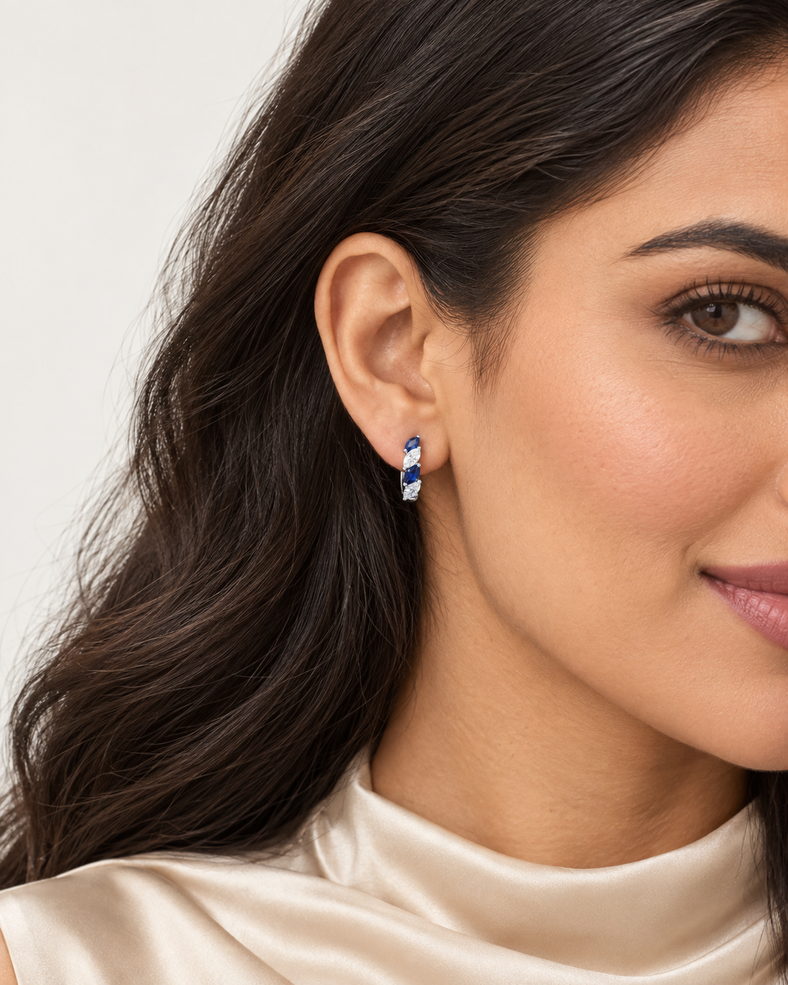 Blue Marquise Hoops — worn close view