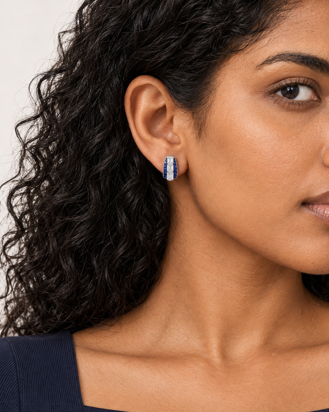Blue Panel Hoops — worn close view