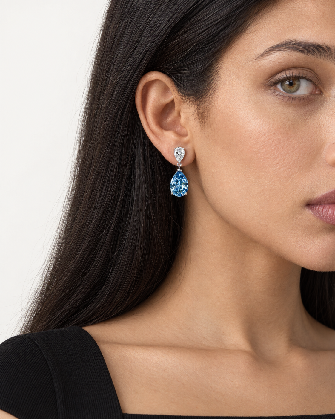 Blue Pear Drop Earrings — worn close view