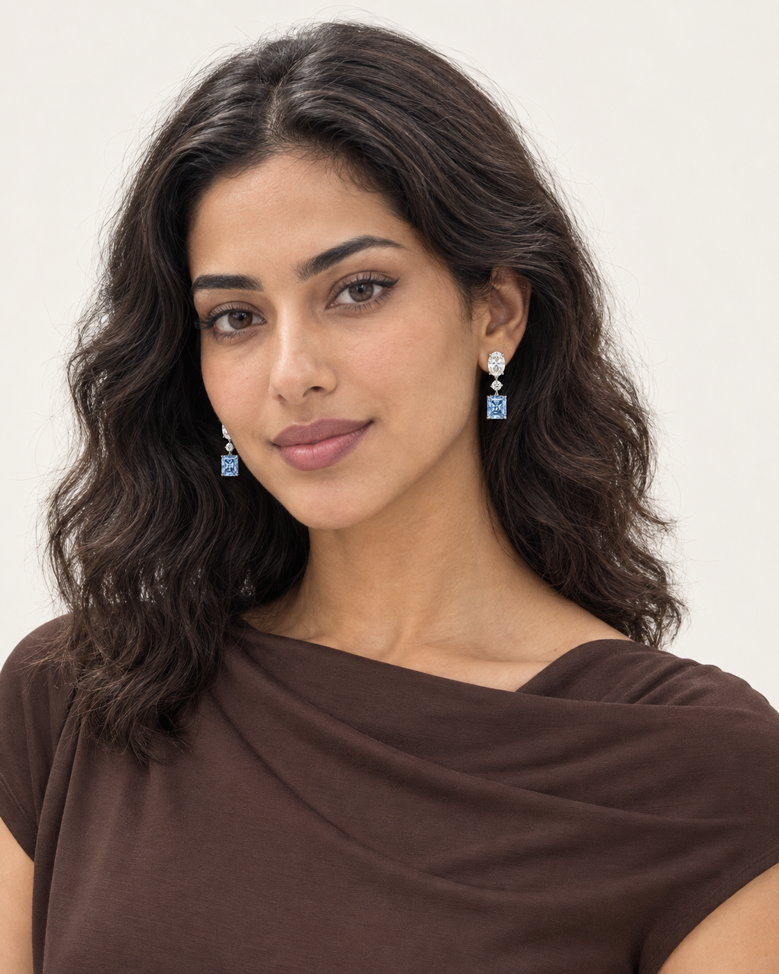 Blue Rectangle Drop Earrings — worn studio view