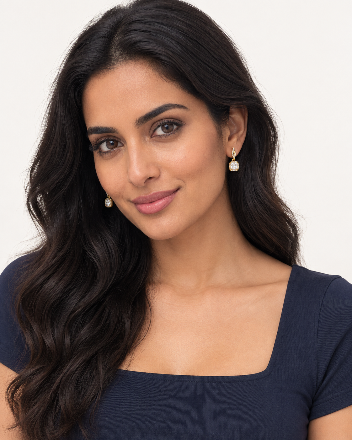 Curved Cushion Drop Earrings — worn studio view