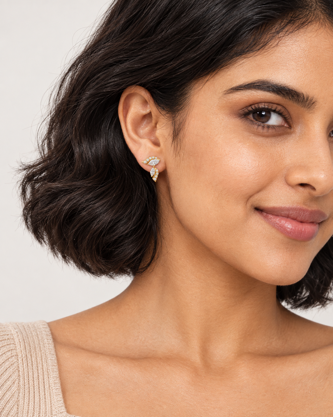 Curved Leaf Drop Earrings — worn close view